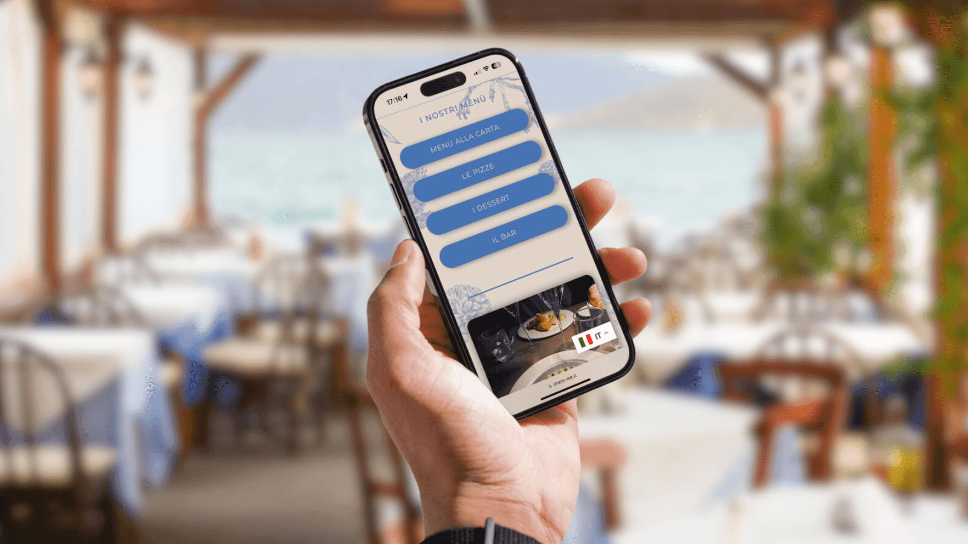 Schermata del menù digitale Share Me su smartphone con foto dei piatti e prezzi